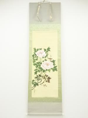 雨楽筆　牡丹に雀　肉筆絹本掛軸